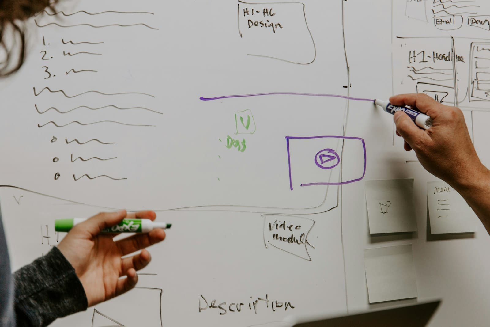 Consultant drawing a system diagram on a whiteboard during a planning session.