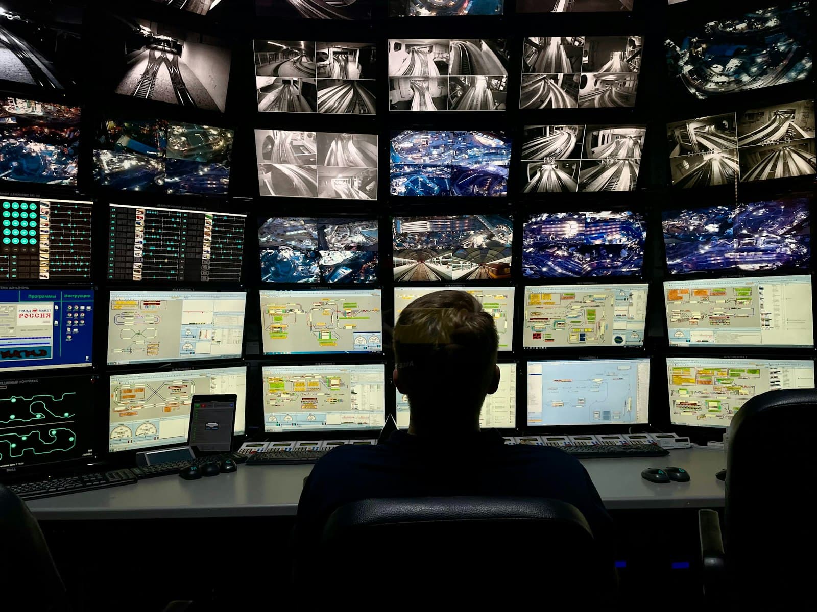 Analyst monitoring a wall of screens in a security operations room.